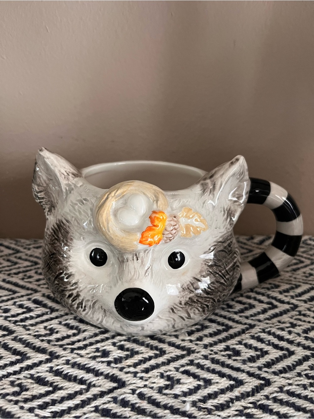 Ceramic Gray Fox Face Mug with Floral Accent